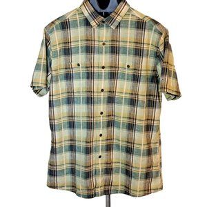 Kuhl Linen Blend Button Front Shirt Green Yellow Plaid Mens Size L Short Sleeve